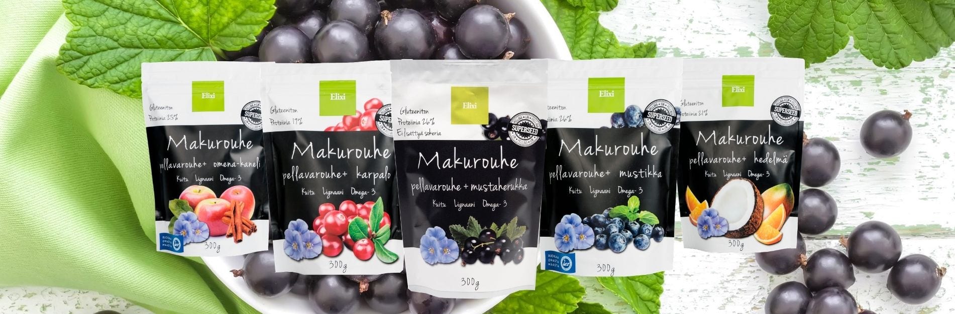 Elixi Makurouhe, pellavarouhe ja kuivattuja marjoja ja hedelmiä Makurouheet, pellavarouhe ja marjoja ja hedelmiä