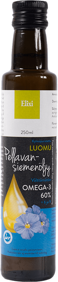 Elixi Luomu Pellavansiemenöljy on kasvikunnan paras omega-3 lähde Elixi Luomu Pellavansiemenöljy on kasvikunnan paras omega-3 lähde